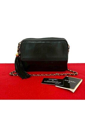 Chanel CC Logo Fringe Tassel Lambskin Chain Shoulder Bag Black